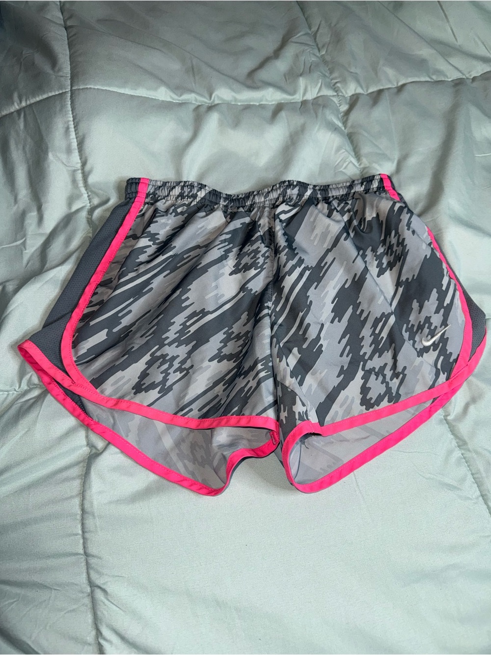 Nike Gray Patterned Athletic Shorts with Hot Pink Trim